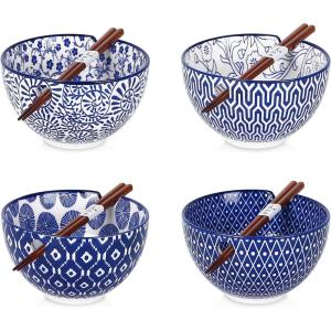 imageSelamica Ceramic Ramen Bowls Set 15 OZ Noodle Bowls for Kitchen with Chopsticks Deep Soup Bowls for Japanese Ramen Udon Soba Microwave Dishwasher Safe Set of 4 Assorted ColorsVintage Blue