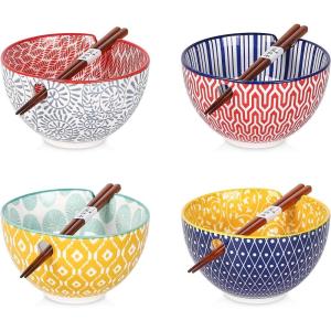 imageSelamica Ceramic Ramen Bowls Set 15 OZ Noodle Bowls for Kitchen with Chopsticks Deep Soup Bowls for Japanese Ramen Udon Soba Microwave Dishwasher Safe Set of 4 Assorted ColorsAssorted Colors