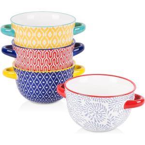 imageSelamica Ceramic Soup Bowls with Handles French Onion Soup Crocks 20 OZ Oven Safe Soup Bowls for French Onion Chili Beef Stew Cereal Pot Pies Set of 4 Assorted Colors
