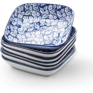 imageSelamica Porcelain 8inch Square Dinner Plates Salad Pasta Bowls Set of 6 Assorted ColorsVintage Blue