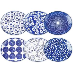 imageSelamica Porcelain Shallow Oval Dinner Plates 11 inches Large Curve Plates For Dessert Pasta Salad Microwave Dishwasher Oven safe Set Of 6 Assorted ColorsVintage Blue
