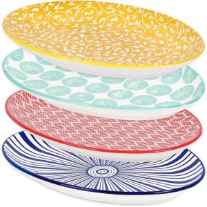 imageSelamica Serving Platters Ceramic 12 Inch Serving Dishes for Party Entertaining Oval Serving Plates for Sandwich Appetizer Fruit Microwave Dishwasher Safe Set of 4 Vintage BlueAssorted Colors