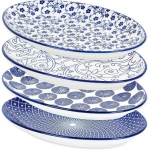 imageSelamica Serving Platters Ceramic 12 Inch Serving Dishes for Party Entertaining Oval Serving Plates for Sandwich Appetizer Fruit Microwave Dishwasher Safe Set of 4 Vintage BlueVintage Blue