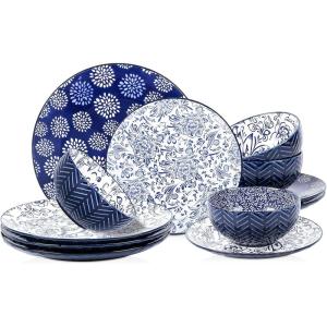 imageSelamica 30Pieces Ceramic Dinnerware Sets for 6 Scratch Resistant Plates and Bowls Sets Microwave and Dishwasher Safe Vintage Blue ADark Blue