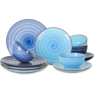 imageSelamica 30Pieces Ceramic Dinnerware Sets for 6 Scratch Resistant Plates and Bowls Sets Microwave and Dishwasher Safe Vintage Blue AGradient Blue