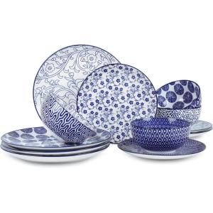 imageSelamica 30Pieces Ceramic Dinnerware Sets for 6 Scratch Resistant Plates and Bowls Sets Microwave and Dishwasher Safe Vintage Blue AVintage Blue