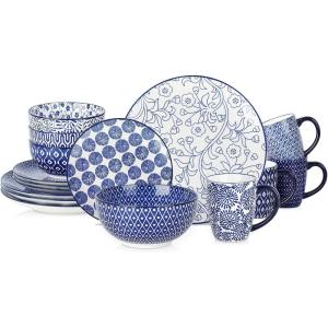 imageSelamica 30Pieces Ceramic Dinnerware Sets for 6 Scratch Resistant Plates and Bowls Sets Microwave and Dishwasher Safe Vintage Blue AVintage Blue A