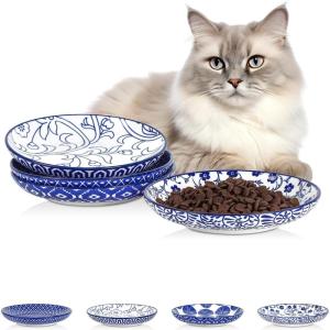imageSelamica Ceramic Cat Bowls 6 Inch Wide Shallow Cat Food Bowl for Relief Whisker Fatigue Set of 6 Assorted ColorsVintage Blue