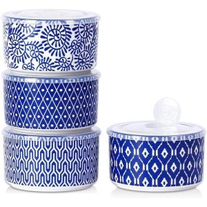 imageSelamica Ceramic Bowls with Lids 8 OZ Small Serving Bowls with Lids for Food Storage Prep Picnic Lunch Microwave Dishwasher Safe Set of 4 Vintage Blue