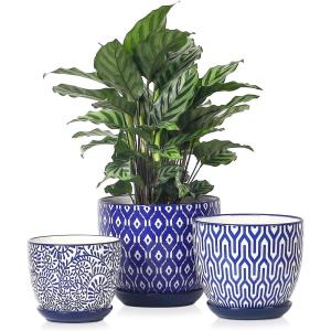 imageSelamica Ceramic Plant Pots 465665 Inch Planters with Drainage Holes ampamp Saucer Flower Pots for Indoor Plants Home Decor Set of 3 Vintage Blue