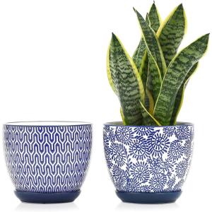 imageSelamica Ceramica Plant Pots 65 Inch Flower Pots Set of 2 with Drainage Holes ampamp Saucer Planters for Indoor Plants Home Decor Vintage Blue