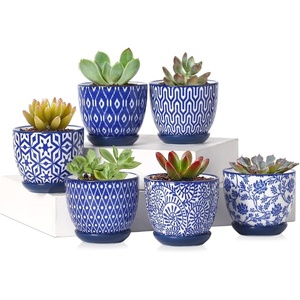 image:imageSelamica Ceramic 24 Inch Succulent Pots Mini Flower Pots for Cactus Plant with Drainage Holes amp Saucers Home Decor Set of 6 Assorted ColorsVintage Blue