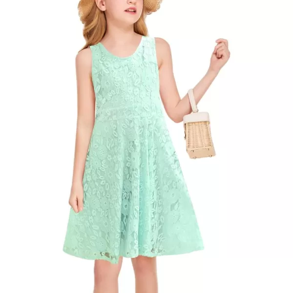 Coutgo Girls Lace Dress Floral Crew Neck Sleeveless Sundress Solid Color Summer Tank Dresses 5-14 Years