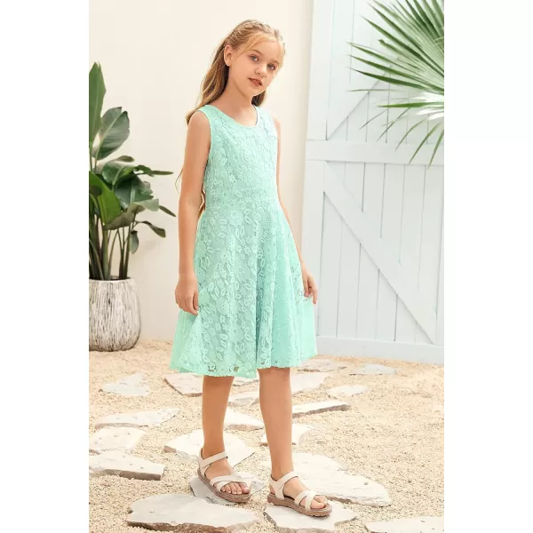 Coutgo Girls Lace Dress Floral Crew Neck Sleeveless Sundress Solid Color Summer Tank Dresses 5-14 Years