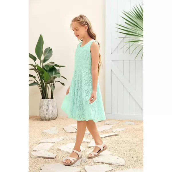 Coutgo Girls Lace Dress Floral Crew Neck Sleeveless Sundress Solid Color Summer Tank Dresses 5-14 Years