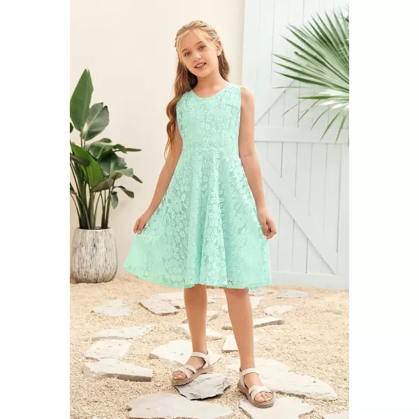 Coutgo Girls Lace Dress Floral Crew Neck Sleeveless Sundress Solid Color Summer Tank Dresses 5-14 Years