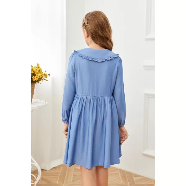 Girls Doll Collar Cute Dress Long Sleeve Button Front A Line Elastic Cuffs Ruffle Flare Hem Casual Dress 5-14 Years