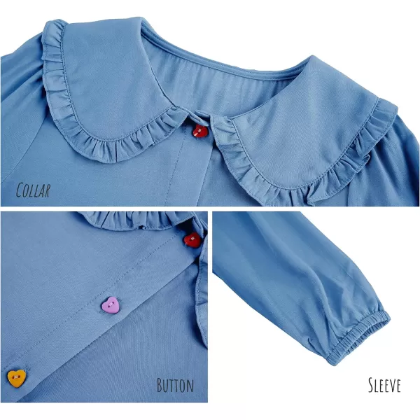 Girls Doll Collar Cute Dress Long Sleeve Button Front A Line Elastic Cuffs Ruffle Flare Hem Casual Dress 5-14 Years