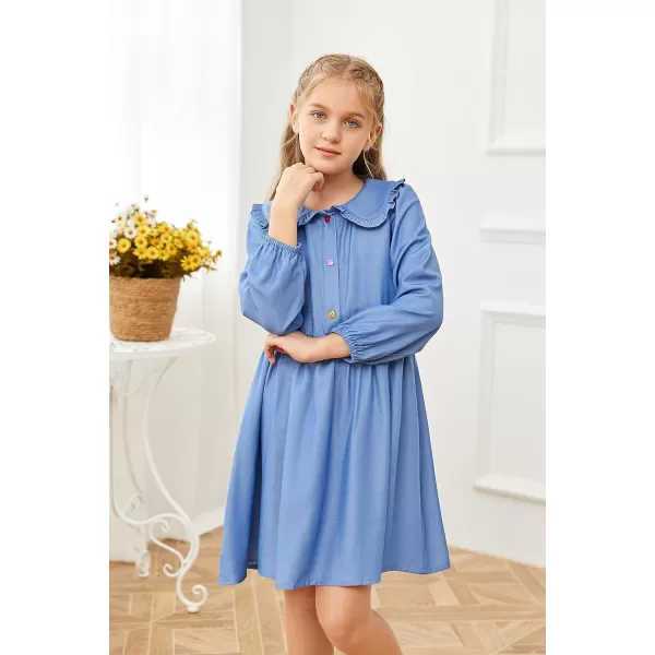 Girls Doll Collar Cute Dress Long Sleeve Button Front A Line Elastic Cuffs Ruffle Flare Hem Casual Dress 5-14 Years