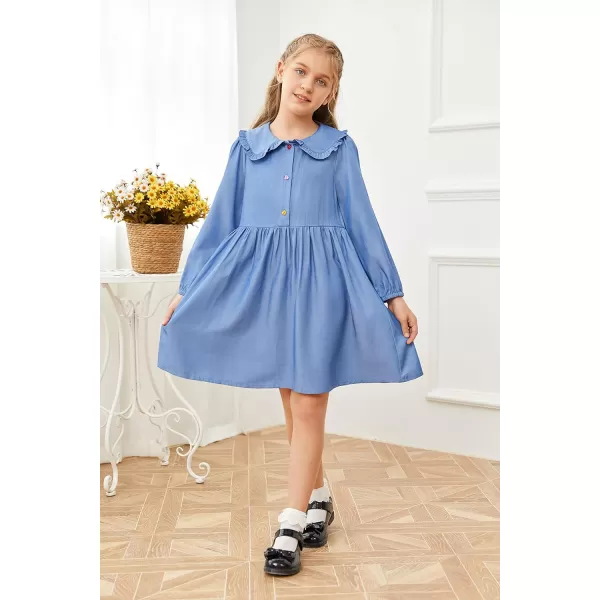 Girls Doll Collar Cute Dress Long Sleeve Button Front A Line Elastic Cuffs Ruffle Flare Hem Casual Dress 5-14 Years