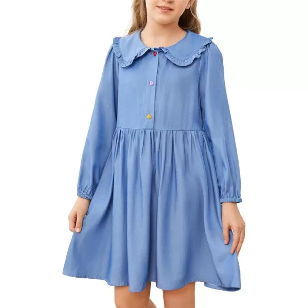 Girls Doll Collar Cute Dress Long Sleeve Button Front A Line Elastic Cuffs Ruffle Flare Hem Casual Dress 5-14 Years