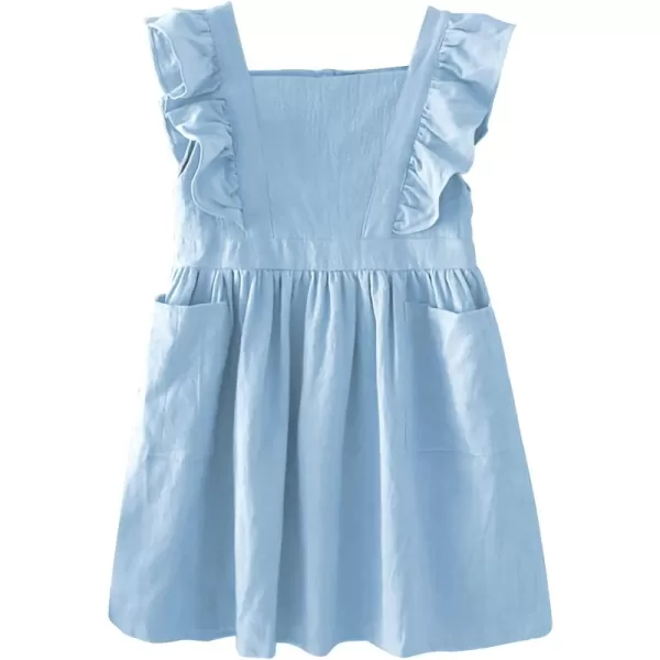 Girls Ruffle Sleeveless Cotton Linen Dresses Square Neck A Line Knee High Dress with Pockets(Please Order a Size Smaller)