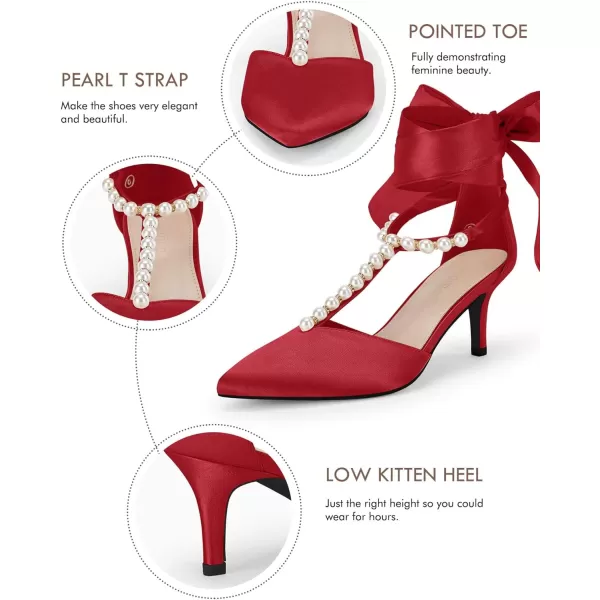 Coutgo Womens Low Kitten Heels Pearl T Strap Wrap Ankle Strappy Lace up Pumps Pointed Toe Satin Dress Shoes