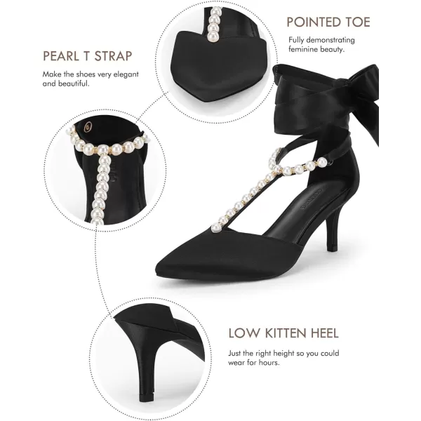 Coutgo Womens Low Kitten Heels Pearl T Strap Wrap Ankle Strappy Lace up Pumps Pointed Toe Satin Dress Shoes