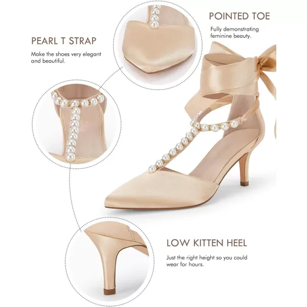 Coutgo Womens Low Kitten Heels Pearl T Strap Wrap Ankle Strappy Lace up Pumps Pointed Toe Satin Dress Shoes