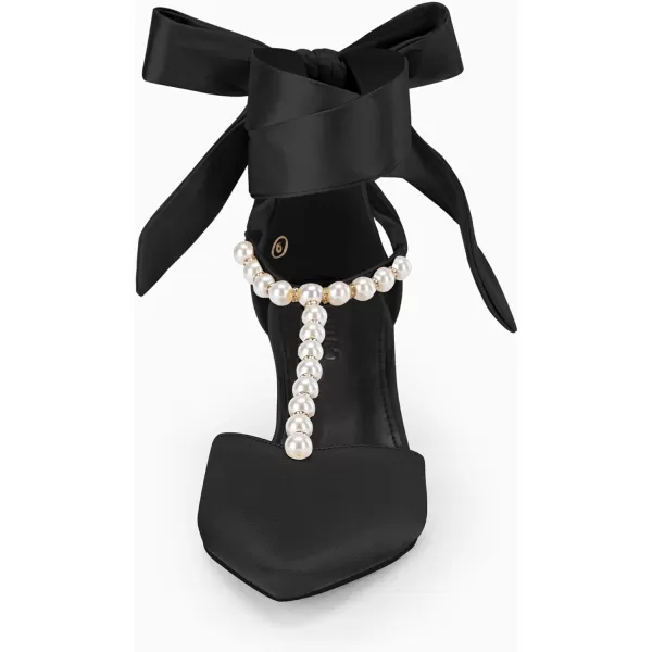 Coutgo Womens Low Kitten Heels Pearl T Strap Wrap Ankle Strappy Lace up Pumps Pointed Toe Satin Dress Shoes