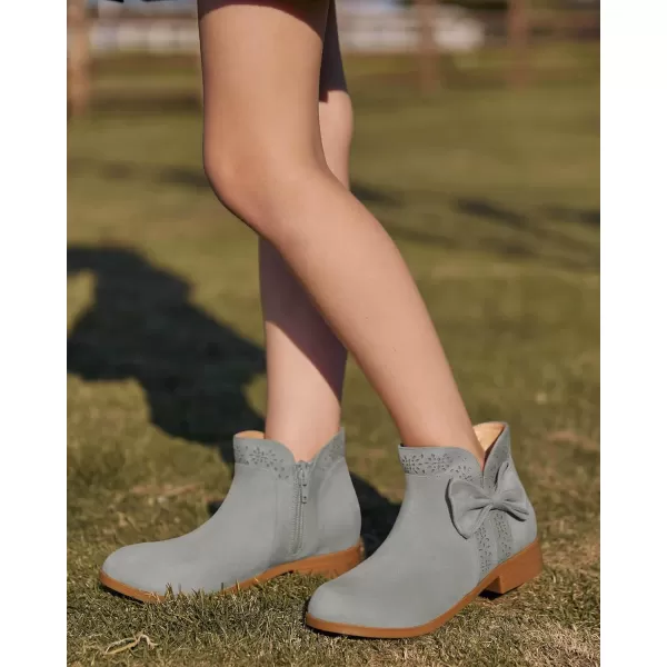 Girls Kids Bow Knot Ankle Boots Faux Suede V Cutout Low Stacked Heel Side Zipper Chelsea Shoes