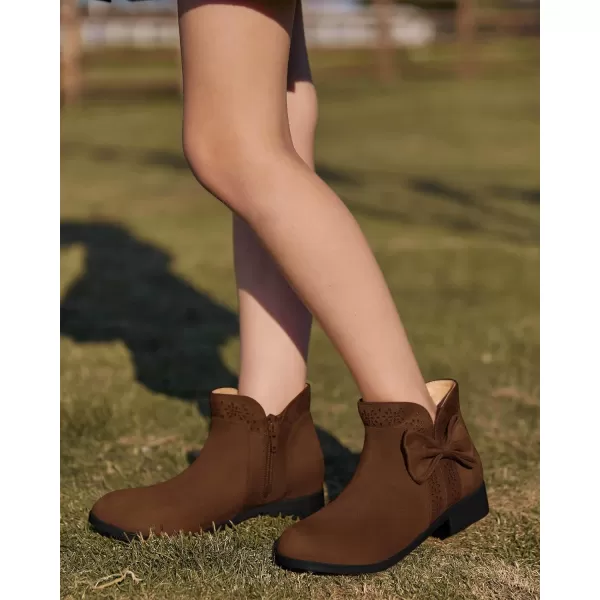 Girls Kids Bow Knot Ankle Boots Faux Suede V Cutout Low Stacked Heel Side Zipper Chelsea Shoes