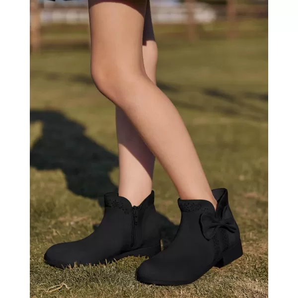 Girls Kids Bow Knot Ankle Boots Faux Suede V Cutout Low Stacked Heel Side Zipper Chelsea Shoes