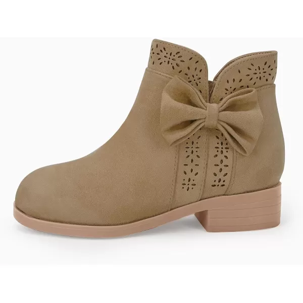 Girls Kids Bow Knot Ankle Boots Faux Suede V Cutout Low Stacked Heel Side Zipper Chelsea Shoes