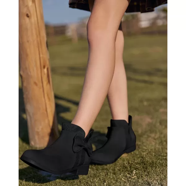 Girls Kids Bow Knot Ankle Boots Faux Suede V Cutout Low Stacked Heel Side Zipper Chelsea Shoes