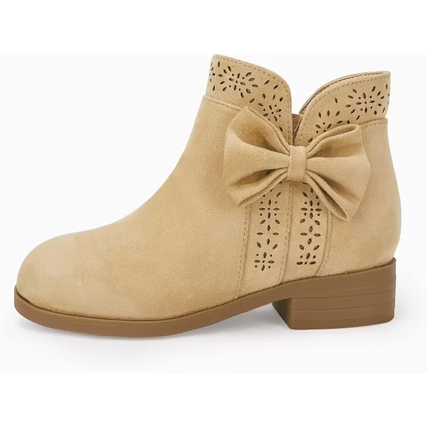 Girls Kids Bow Knot Ankle Boots Faux Suede V Cutout Low Stacked Heel Side Zipper Chelsea Shoes