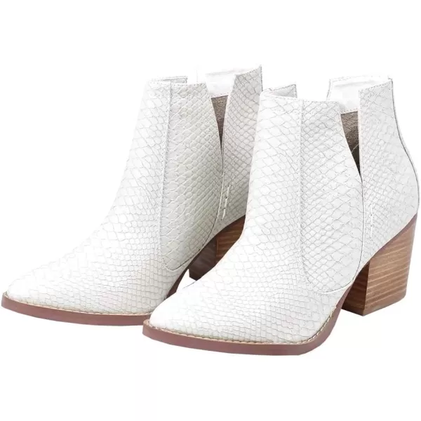 Kathemoi Womens Slip on Ankle Boots V Cutout Pointed Toe Chunky Stacked Mid Heel Booties