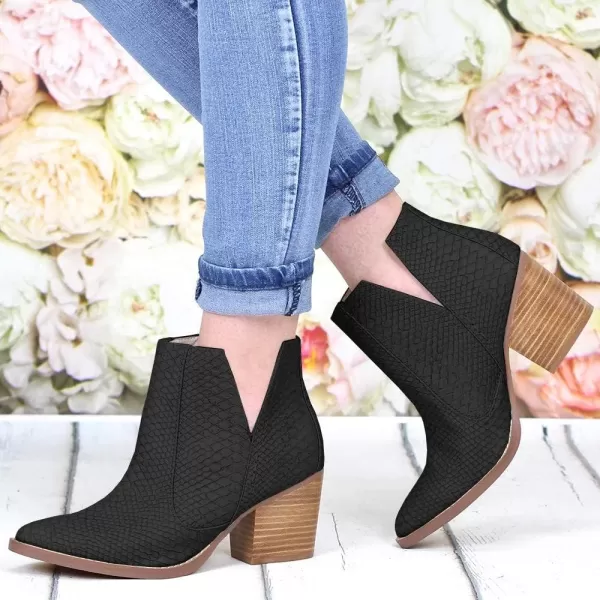 Kathemoi Womens Slip on Ankle Boots V Cutout Pointed Toe Chunky Stacked Mid Heel Booties
