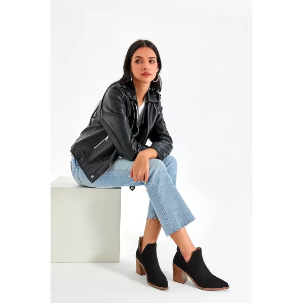 Kathemoi Womens Slip on Ankle Boots V Cutout Pointed Toe Chunky Stacked Mid Heel Booties