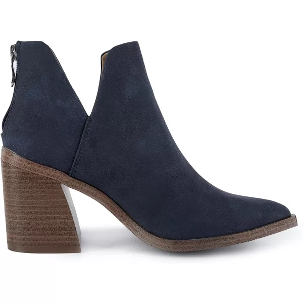 Kathemoi Womens Slip on Ankle Boots V Cutout Pointed Toe Chunky Stacked Mid Heel Booties