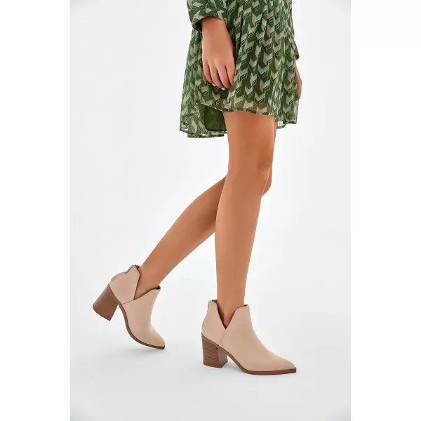 Kathemoi Womens Slip on Ankle Boots V Cutout Pointed Toe Chunky Stacked Mid Heel Booties
