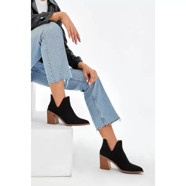 Kathemoi Womens Slip on Ankle Boots V Cutout Pointed Toe Chunky Stacked Mid Heel Booties