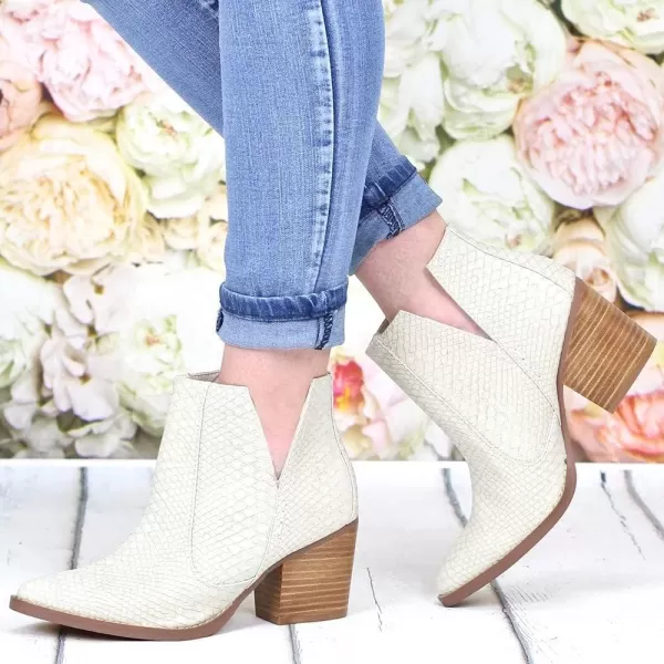 Kathemoi Womens Slip on Ankle Boots V Cutout Pointed Toe Chunky Stacked Mid Heel Booties