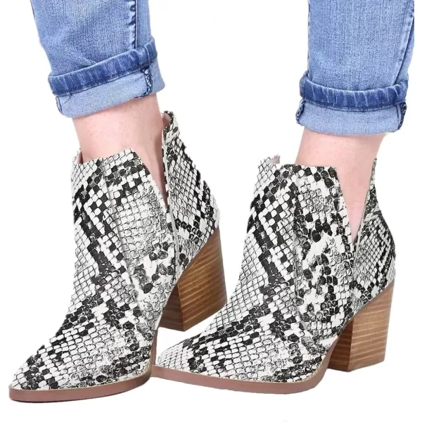 Kathemoi Womens Slip on Ankle Boots V Cutout Pointed Toe Chunky Stacked Mid Heel Booties