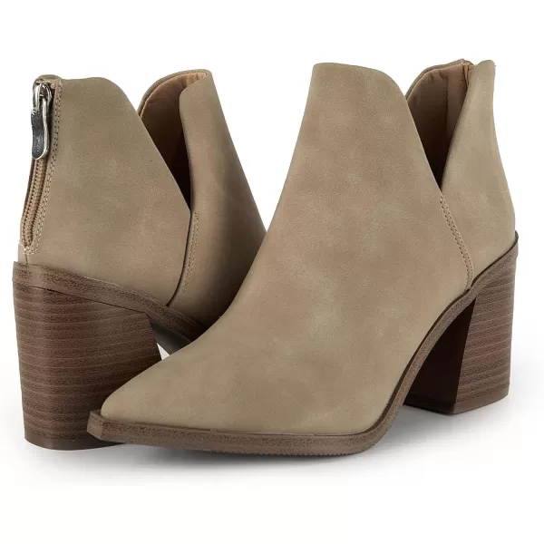 Kathemoi Womens Slip on Ankle Boots V Cutout Pointed Toe Chunky Stacked Mid Heel Booties