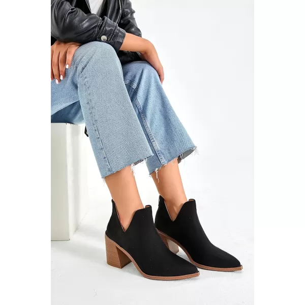 Kathemoi Womens Slip on Ankle Boots V Cutout Pointed Toe Chunky Stacked Mid Heel Booties