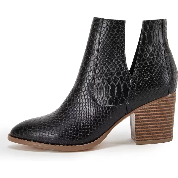 Kathemoi Womens Slip on Ankle Boots V Cutout Pointed Toe Chunky Stacked Mid Heel Booties
