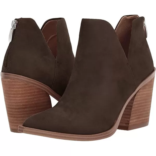 Kathemoi Womens Slip on Ankle Boots V Cutout Pointed Toe Chunky Stacked Mid Heel Booties