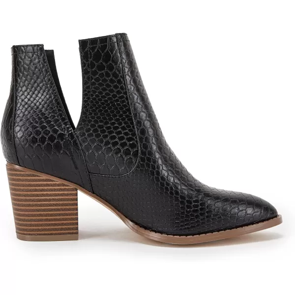 Kathemoi Womens Slip on Ankle Boots V Cutout Pointed Toe Chunky Stacked Mid Heel Booties
