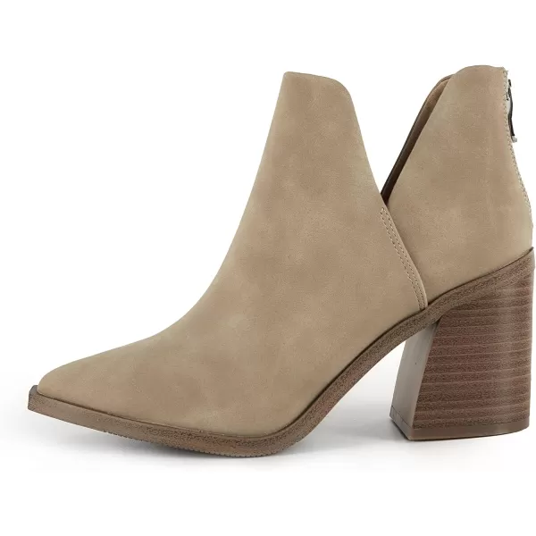 Kathemoi Womens Slip on Ankle Boots V Cutout Pointed Toe Chunky Stacked Mid Heel Booties